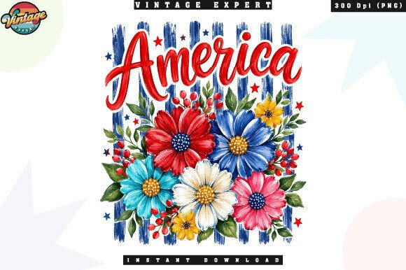 Retro America Flower Bouquet PNG: A Vintage Patriotic Design for Modern Creators