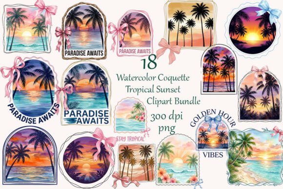 Watercolor Coquette Tropical Sunset PNGs